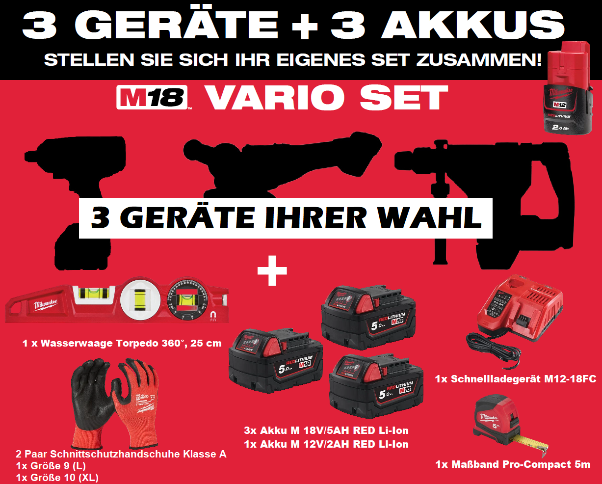 Milwaukee Vario Set - 3 Maschinen Ihrer Wahl mit Akkus + Zubehör